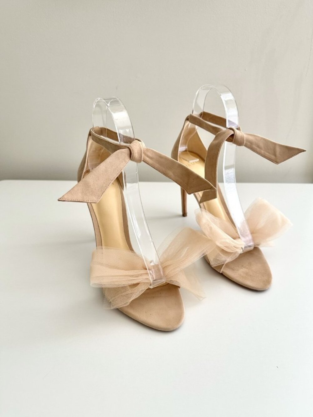 ALEXANDRE BIRMAN Clarita Nude Suede Tulle Bow Ankle Strap Heels Sandals Size 38